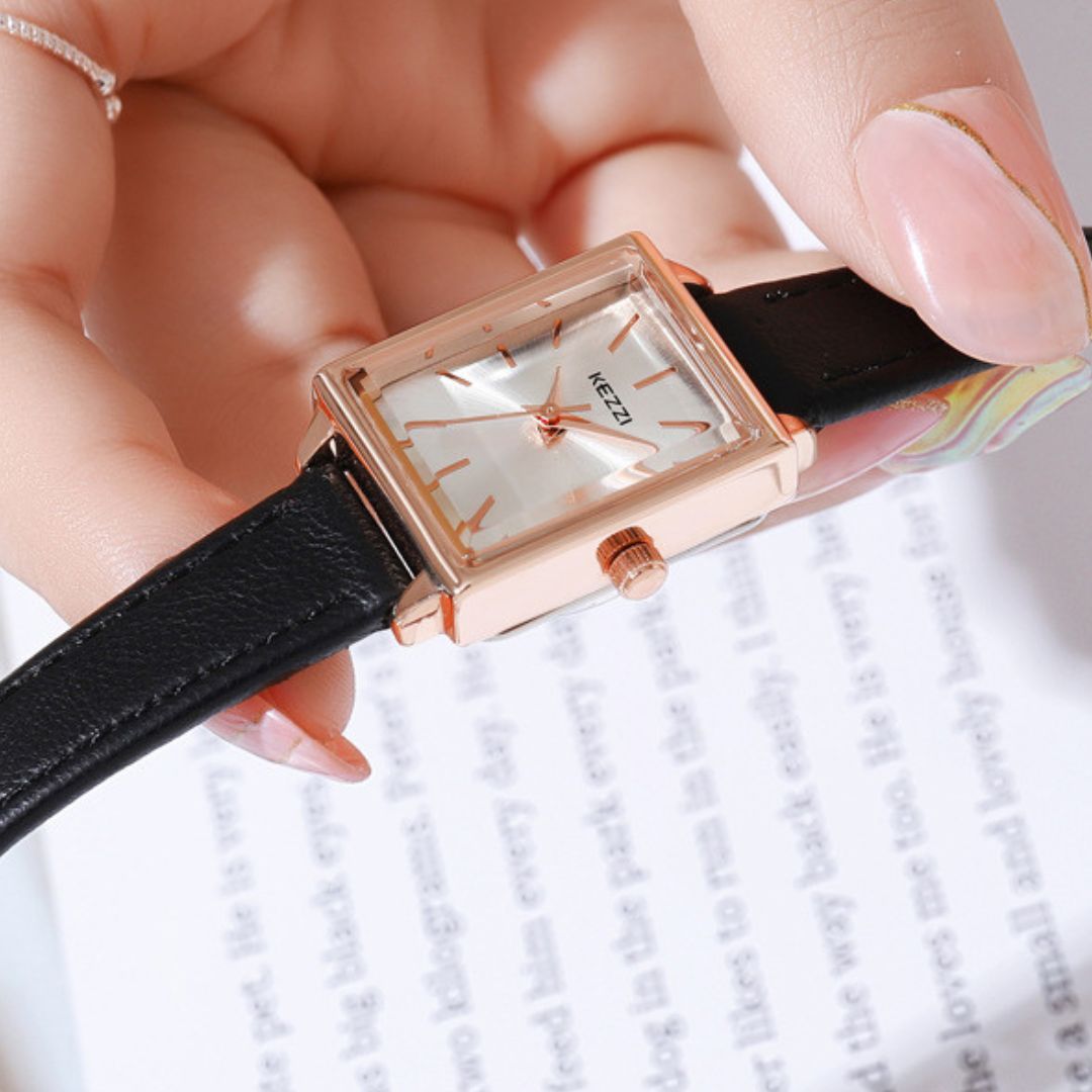 Women's Square Dial Watch with Contrast Stitch Strap