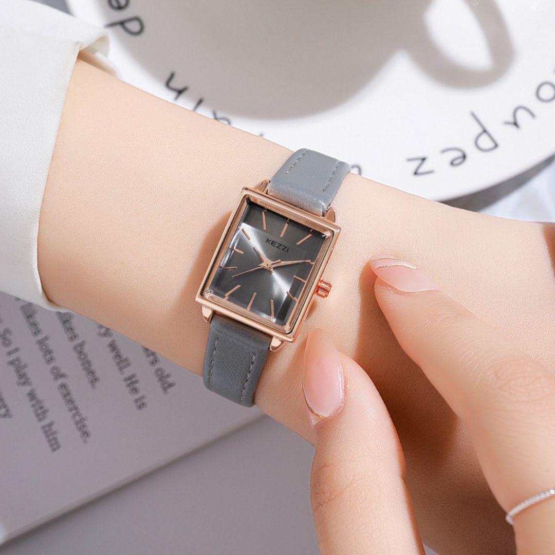Women's Square Dial Watch with Contrast Stitch Strap