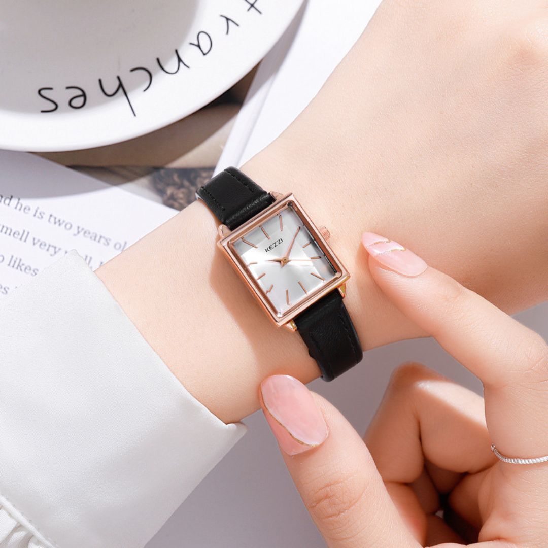 Women's Square Dial Watch with Contrast Stitch Strap