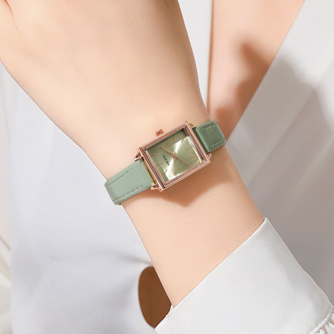 Women's Square Dial Watch with Contrast Stitch Strap