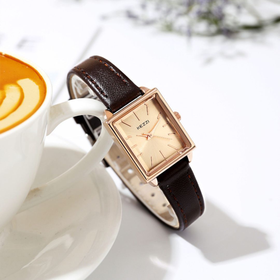 Women's Square Dial Watch with Contrast Stitch Strap