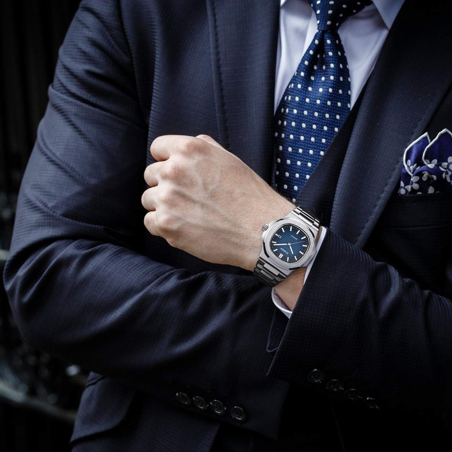 Men’s Metal Link Watch with Grid Dial