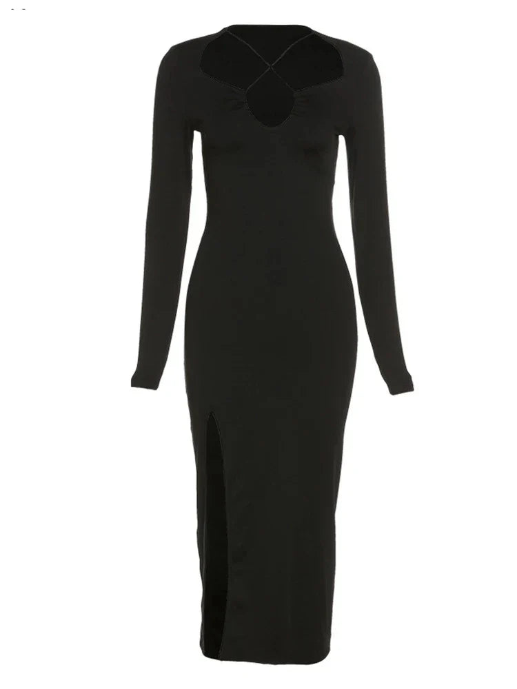 Women's Long Sleeve Slit Dress with Keyhole Neckline
