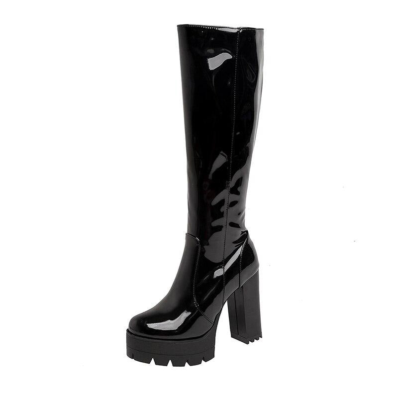 Patent Knee-High Block Heel Boots