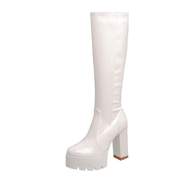 Patent Knee-High Block Heel Boots