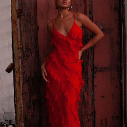Women's Spaghetti Strap Ruffle Maxi Dress