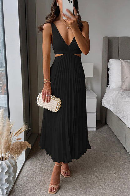 Pleated Midi Dress with Twist Bodice