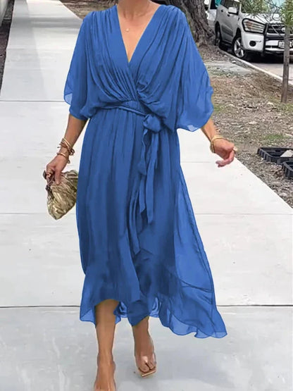 Wrap-Front Midi Dress with Waist Tie