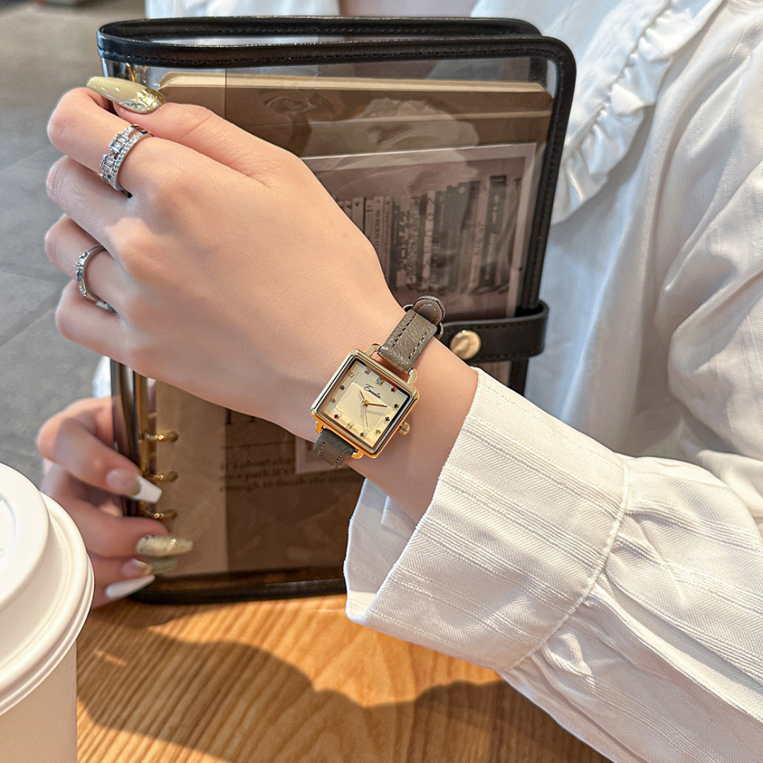 Women's Square Dial Watch with Textured Strap and Color Accents
