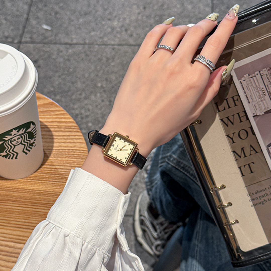Women's Square Dial Watch with Textured Strap and Color Accents