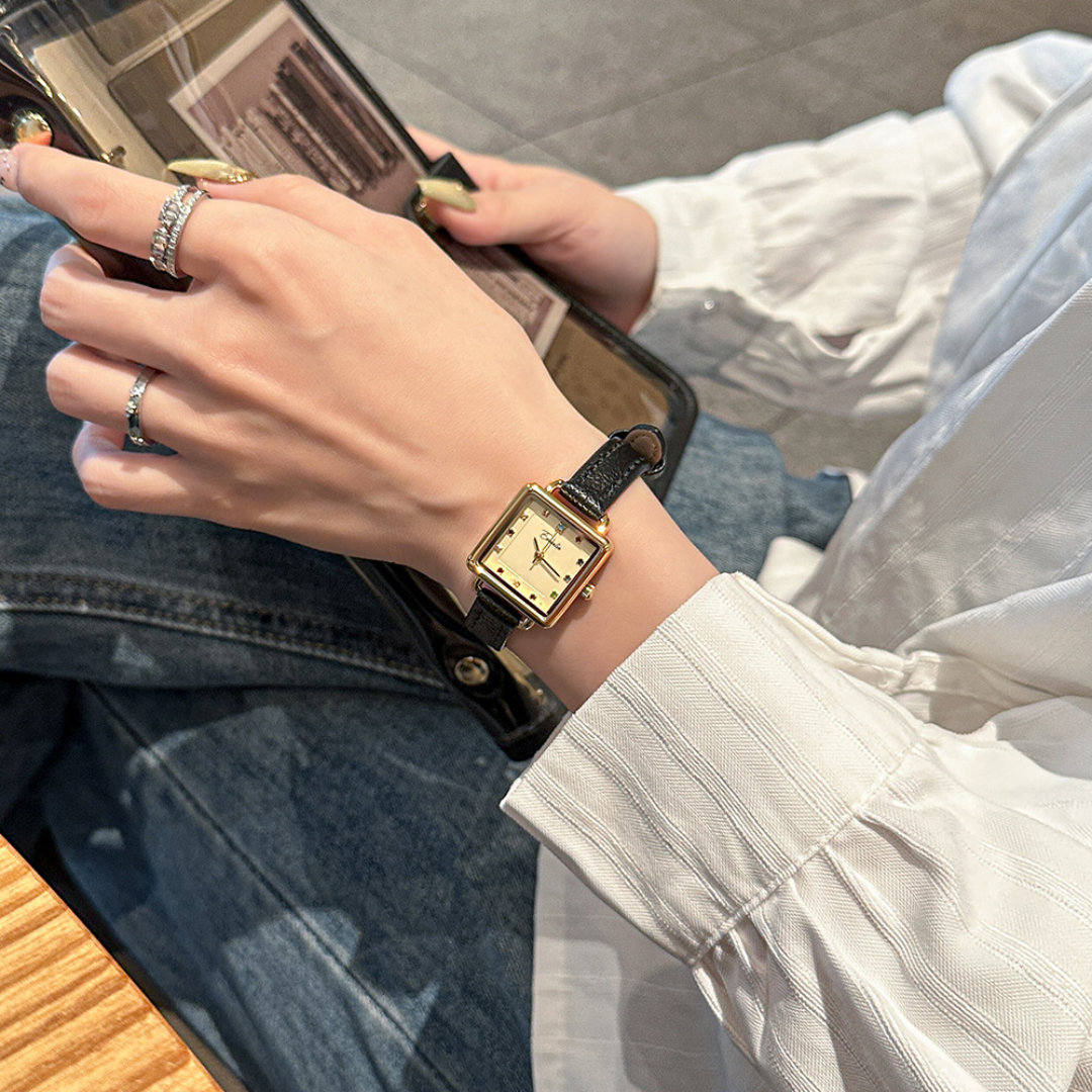 Women's Square Dial Watch with Textured Strap and Color Accents