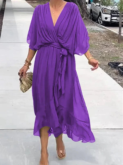 Wrap-Front Midi Dress with Waist Tie