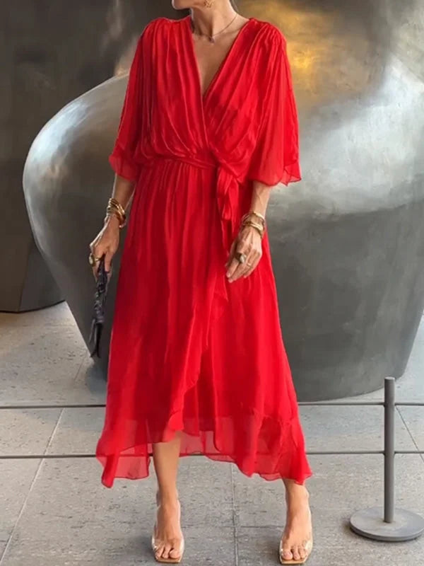 Wrap-Front Midi Dress with Waist Tie