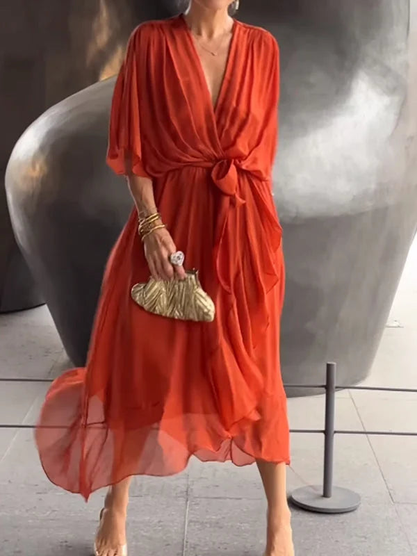 Wrap-Front Midi Dress with Waist Tie