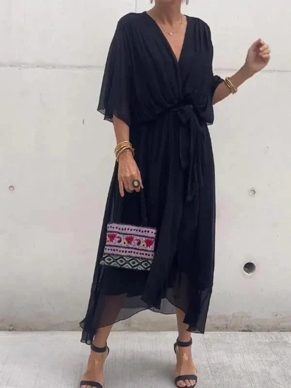 Wrap-Front Midi Dress with Waist Tie