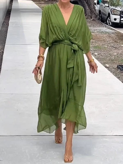 Wrap-Front Midi Dress with Waist Tie