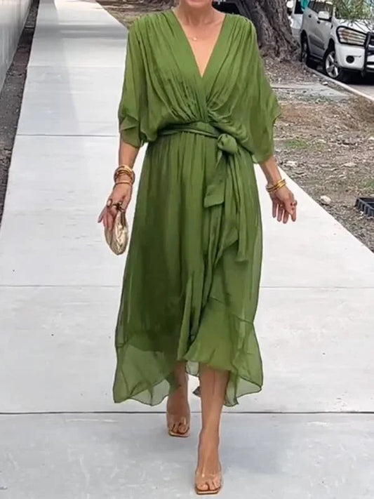 Wrap-Front Midi Dress with Waist Tie