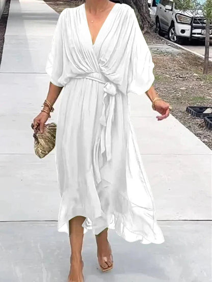 Wrap-Front Midi Dress with Waist Tie