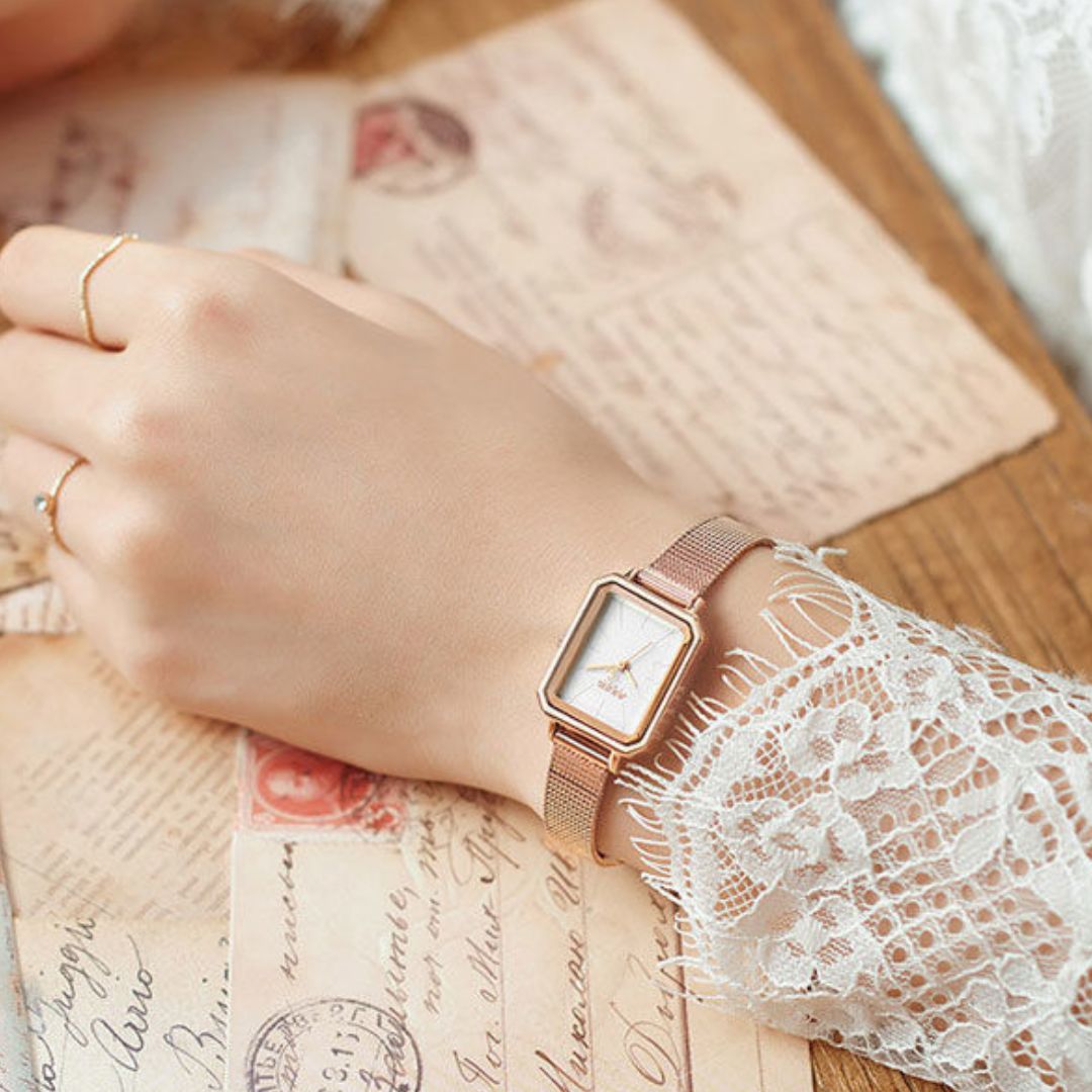 Women's Rectangular Dial Watch with Mesh Strap