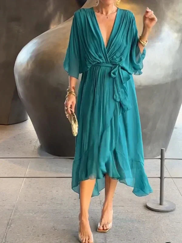 Wrap-Front Midi Dress with Waist Tie