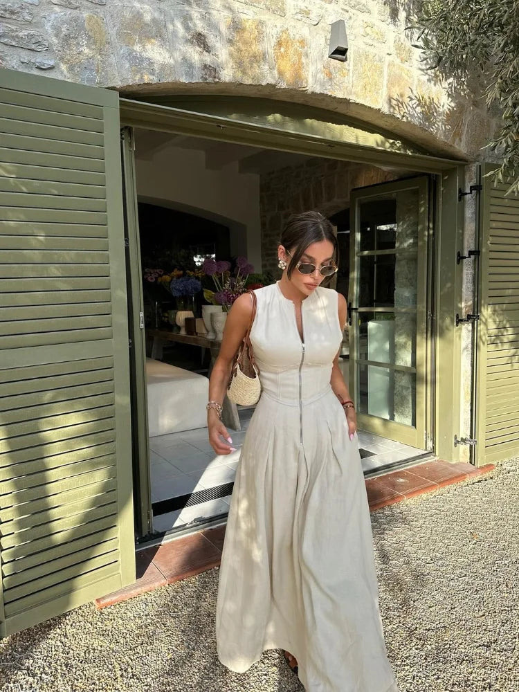 Women's Sleeveless Zip-Front Maxi Dress with Pleated Skirt