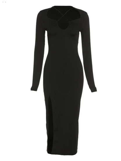 Women's Long Sleeve Slit Dress with Keyhole Neckline