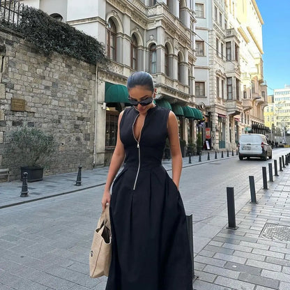 Women's Sleeveless Zip-Front Maxi Dress with Pleated Skirt