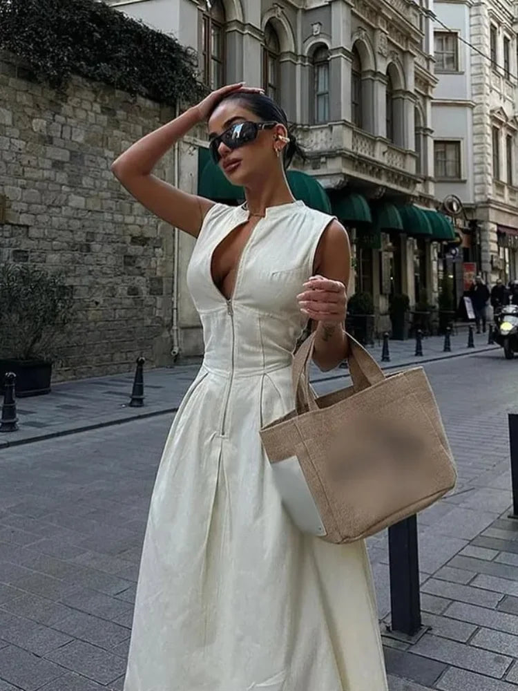 Women's Sleeveless Zip-Front Maxi Dress with Pleated Skirt
