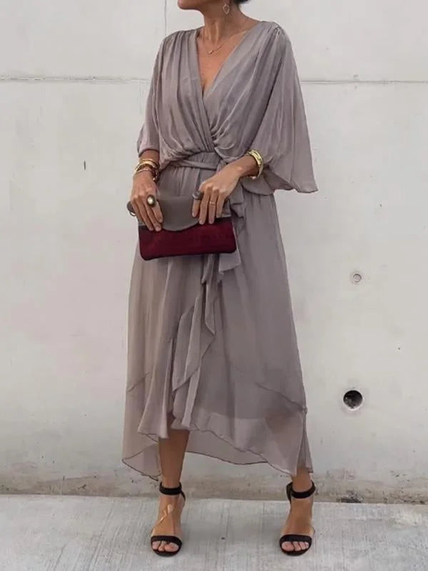 Wrap-Front Midi Dress with Waist Tie