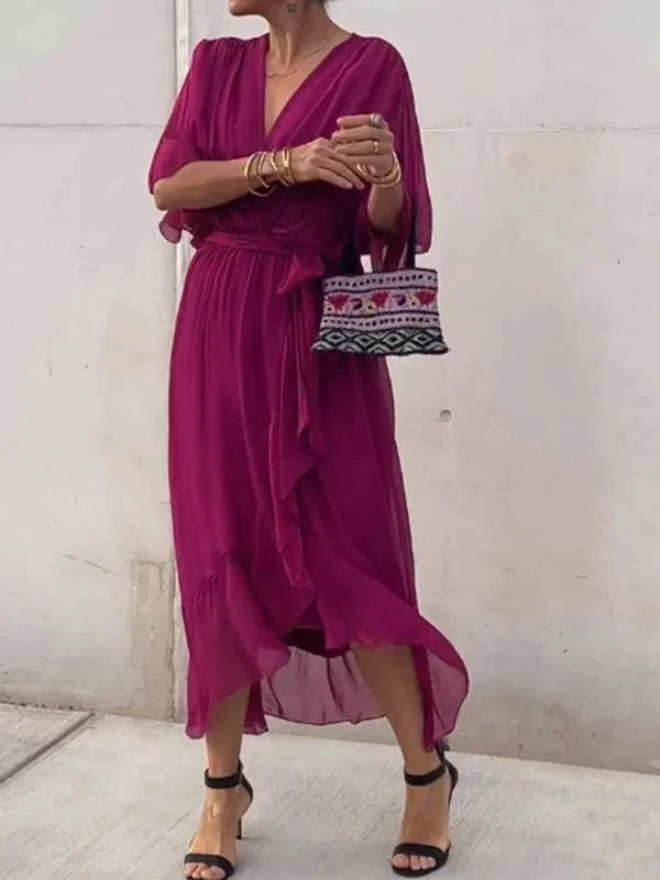 Wrap-Front Midi Dress with Waist Tie