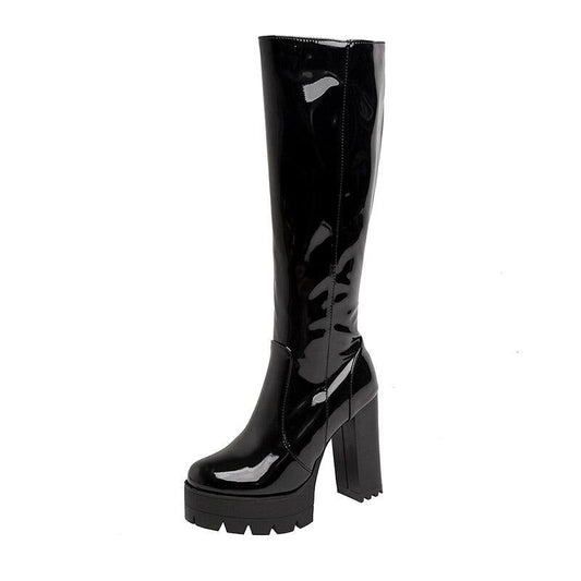 Patent Knee-High Block Heel Boots