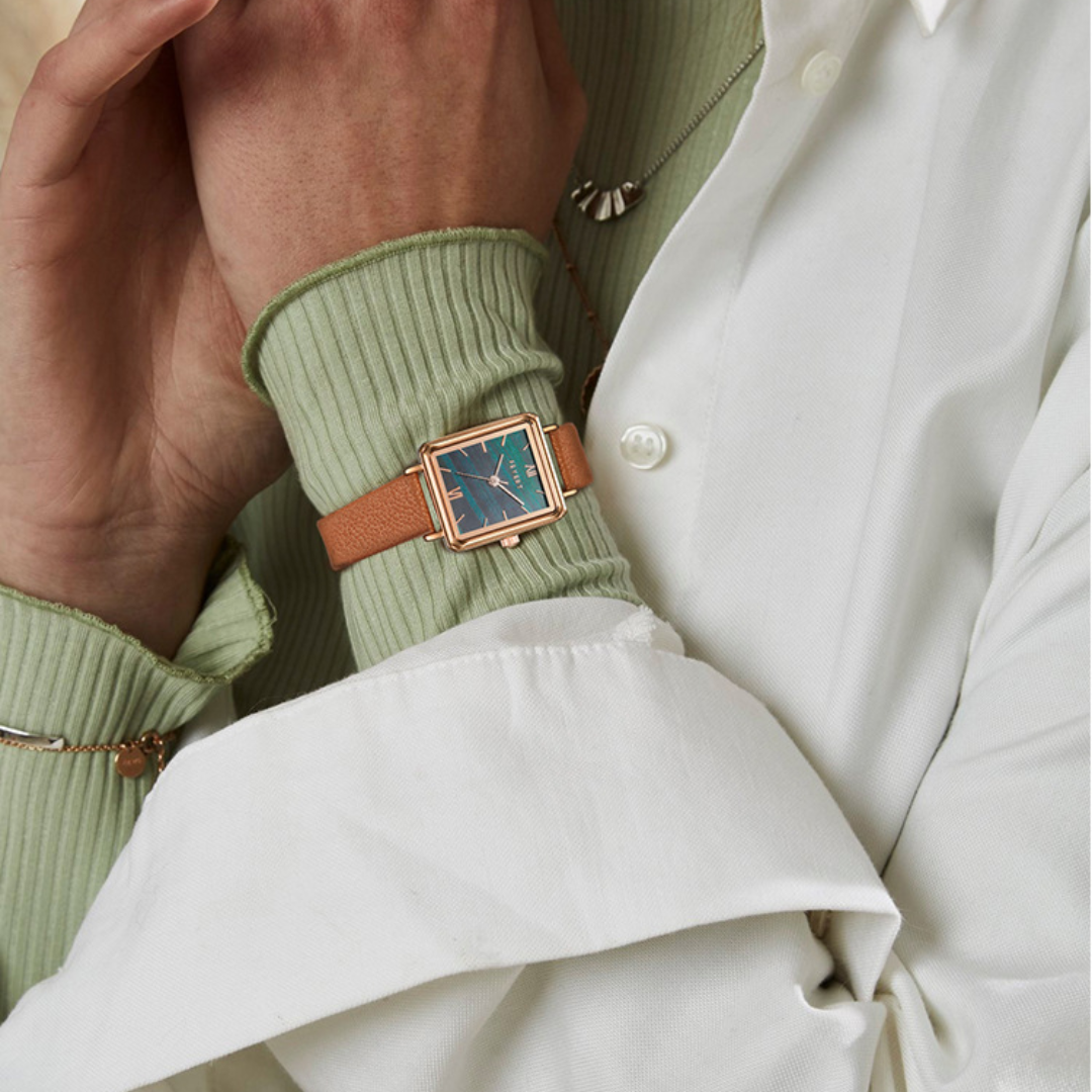 Women's Square Face Watch with Patterned Dial and Textured Strap